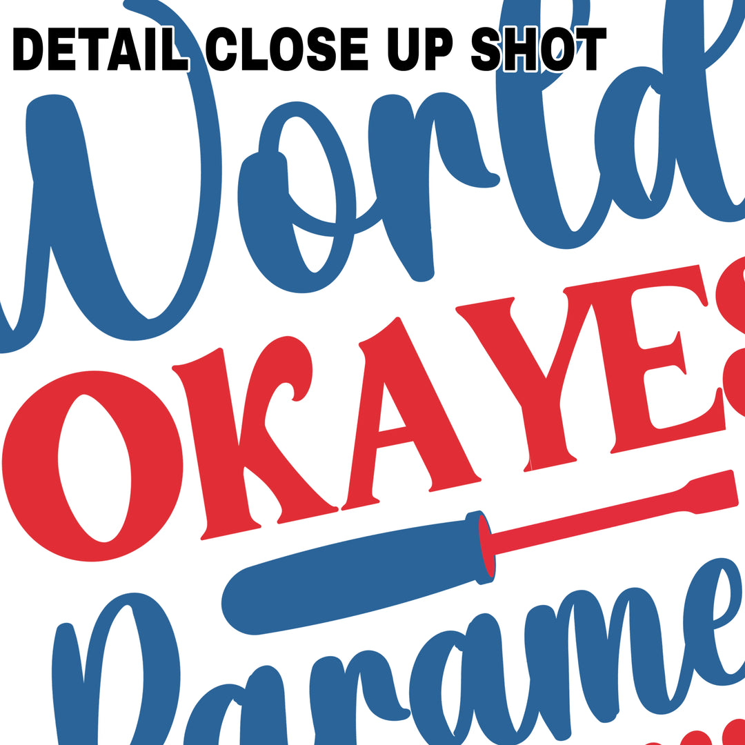 World's Okayest Paramedic DTF transfer design with navy blue script text and red block lettering on transparent background