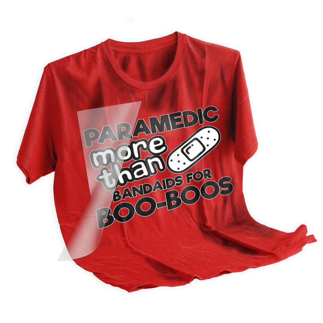 Paramedic DTF transfer applied to dark colored t-shirt showing final pressed result on fabric