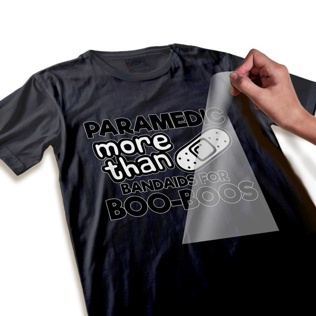 Close-up detail shot of paramedic DTF transfer showing print quality and bandaid graphic details