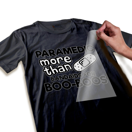 Close-up detail shot of paramedic DTF transfer showing print quality and bandaid graphic details