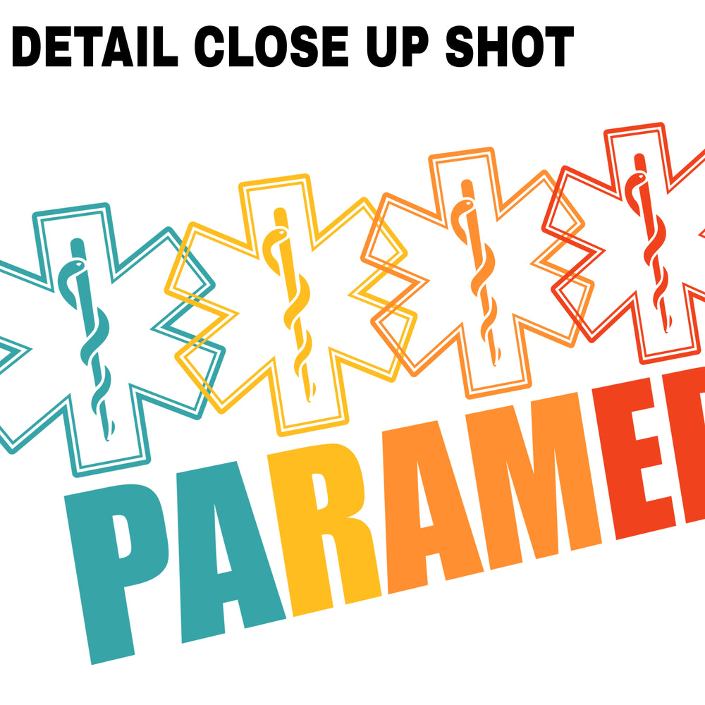 Rainbow gradient paramedic DTF transfer design with colorful medical star of life symbols and bold text