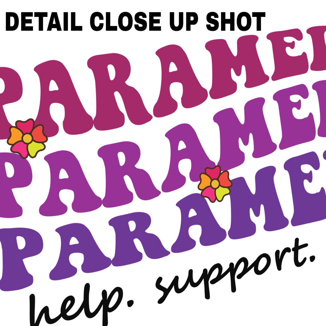 Groovy style paramedic DTF transfer with purple gradient text and sequin flower accents reading help support kind