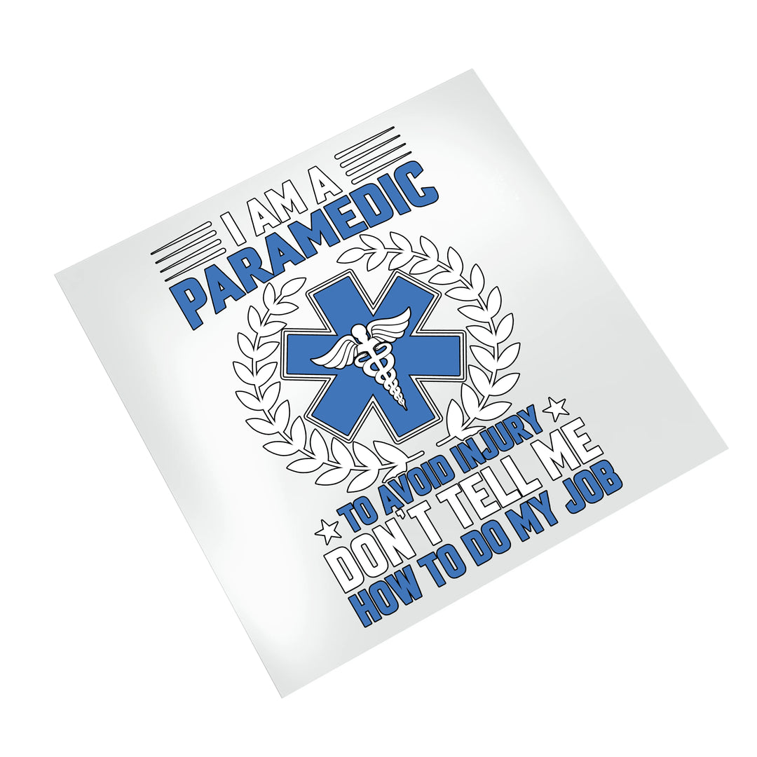Professional paramedic DTF transfer on white background showing blue medical badge design with star of life symbol and bold typography for heat press application