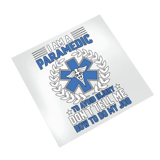 Professional paramedic DTF transfer on white background showing blue medical badge design with star of life symbol and bold typography for heat press application