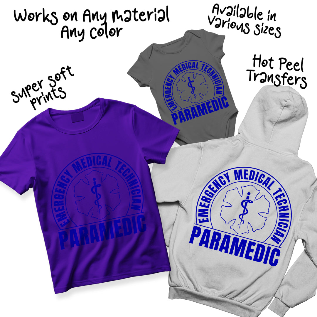 Multiple color variations of Emergency Medical Technician Paramedic DTF transfer showing different colorway options for medical professional apparel