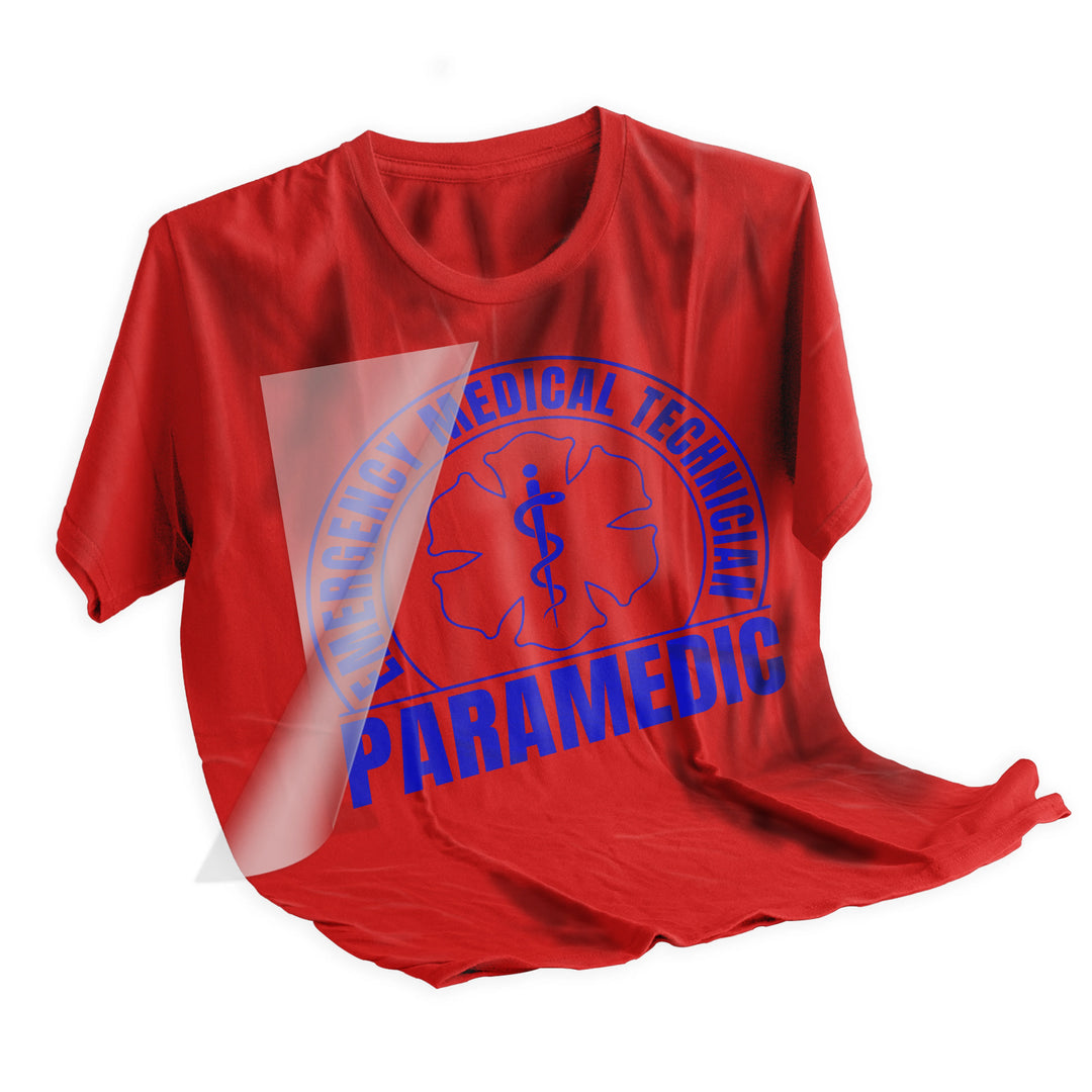 Applied Emergency Medical Technician Paramedic DTF transfer on shirt showing professional finish and bold visibility perfect for medical uniforms
