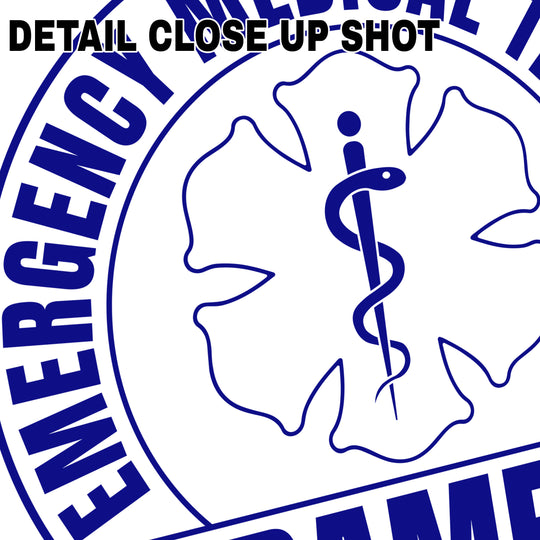 Emergency Medical Technician Paramedic DTF transfer design with bold blue outlined text and medical caduceus symbol in professional badge style