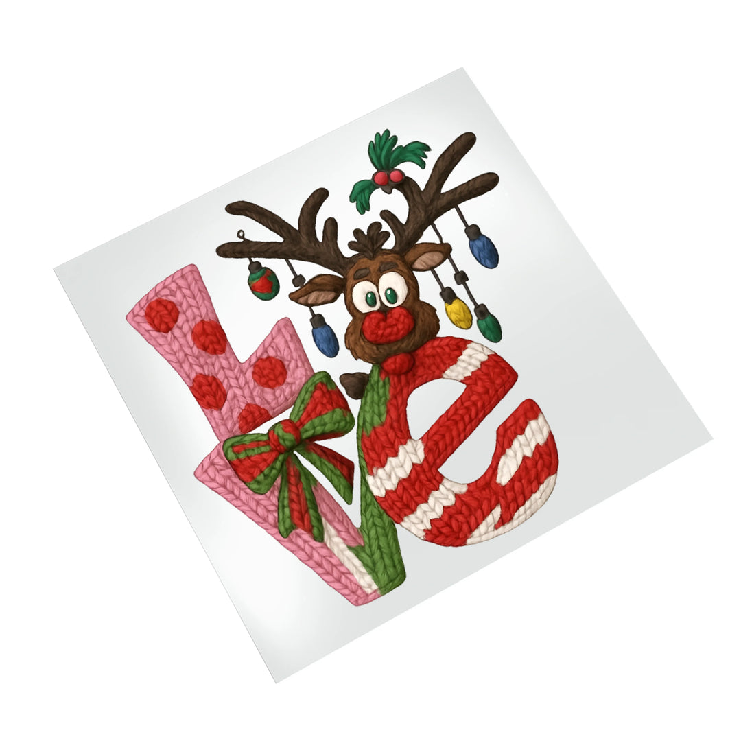 Reindeer love Christmas DTF transfer on white background showing detailed holiday design with ornaments and bow accent