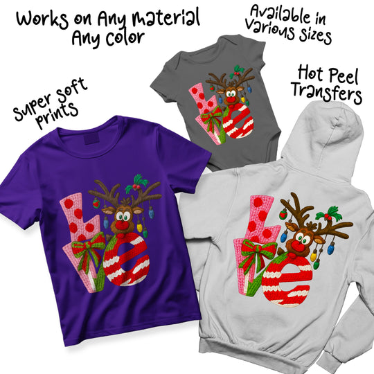 Christmas reindeer DTF transfer shown on multiple colored shirts displaying versatile holiday design options