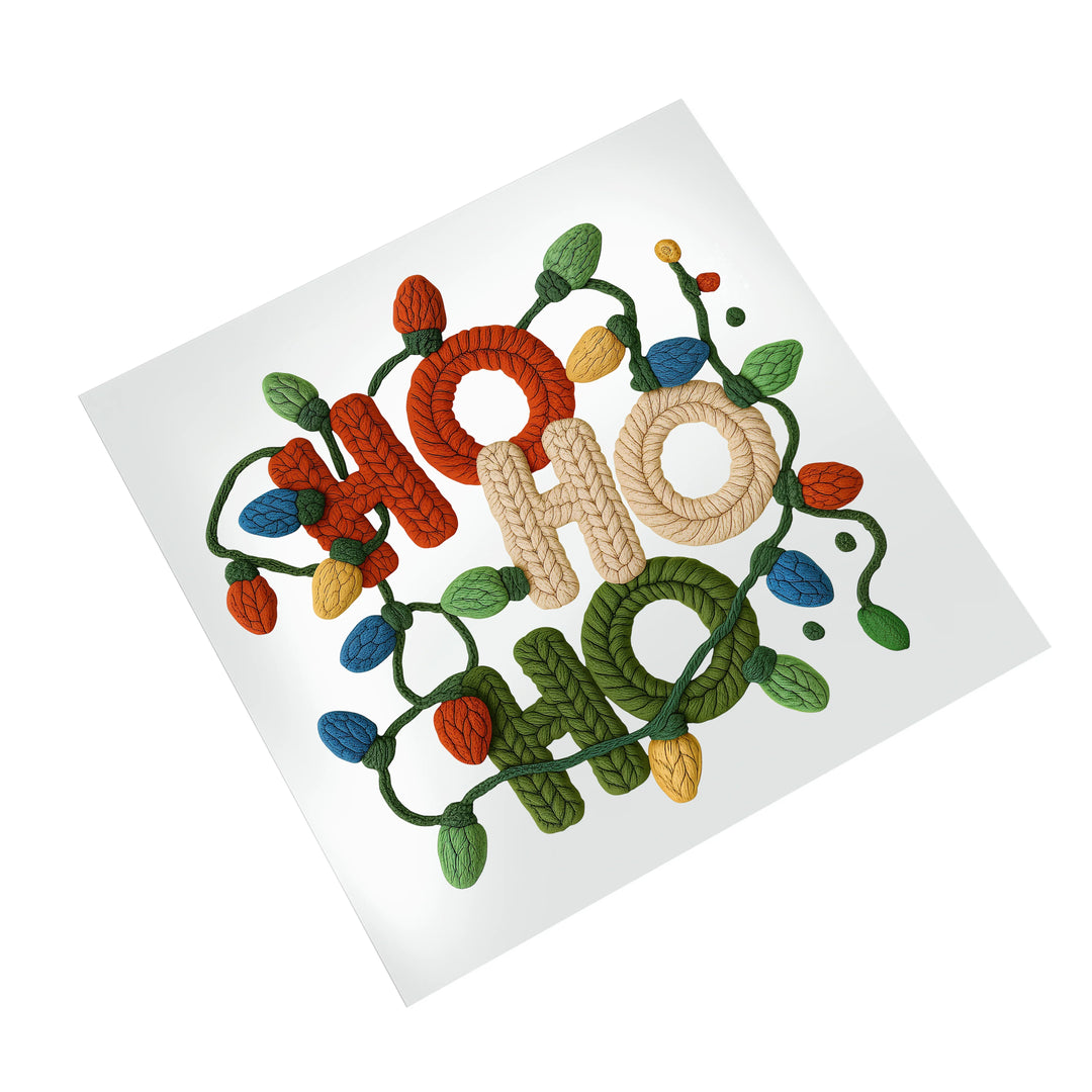 Ready to press Christmas DTF transfer featuring Ho Ho Ho text in rope style with decorative botanical elements