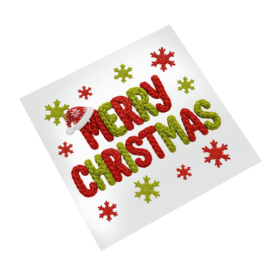 Knit yarn style Merry Christmas DTF transfer on white background showing red green braided text and festive snowflakes