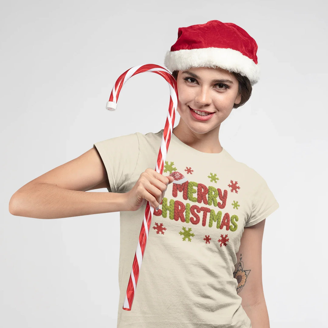 Model wearing Christmas shirt with knit yarn style Merry Christmas DTF transfer design, holiday apparel styling