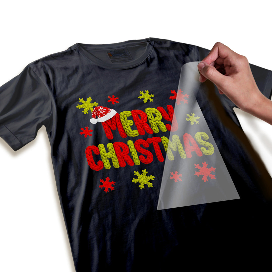 Close-up detail of knit yarn texture in Christmas DTF transfer showing realistic braided rope effect in red and green