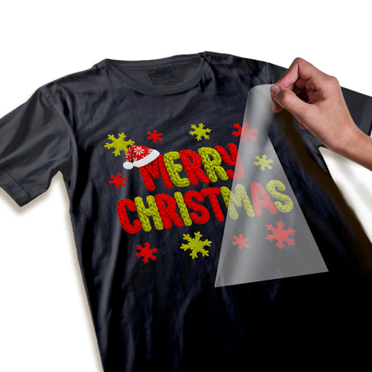 Close-up detail of knit yarn texture in Christmas DTF transfer showing realistic braided rope effect in red and green