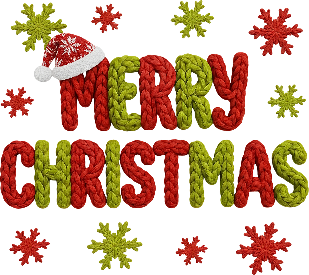 Christmas DTF transfer design with Merry Christmas text in knit yarn style, red and green braided letters with snowflakes