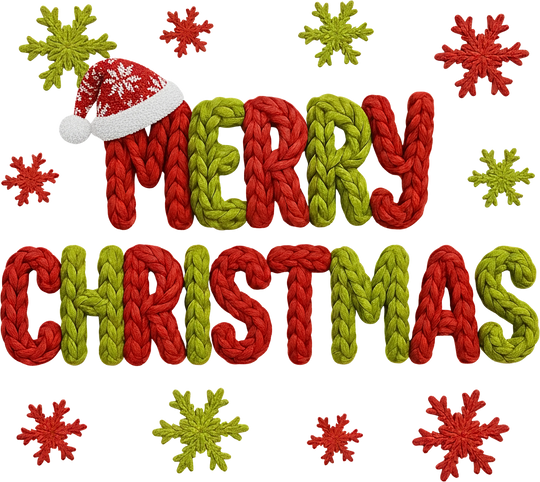 Christmas DTF transfer design with Merry Christmas text in knit yarn style, red and green braided letters with snowflakes