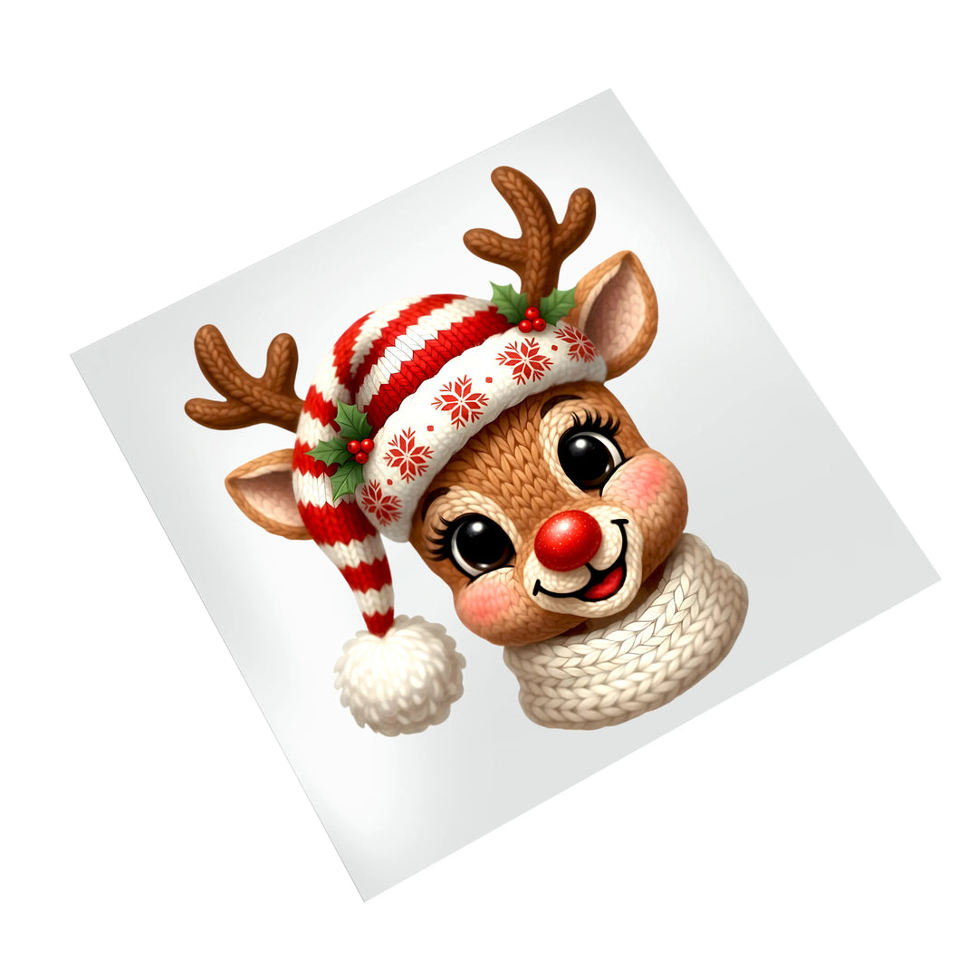 Christmas reindeer DTF transfer on white background showing detailed Santa hat with holly decoration and warm scarf design