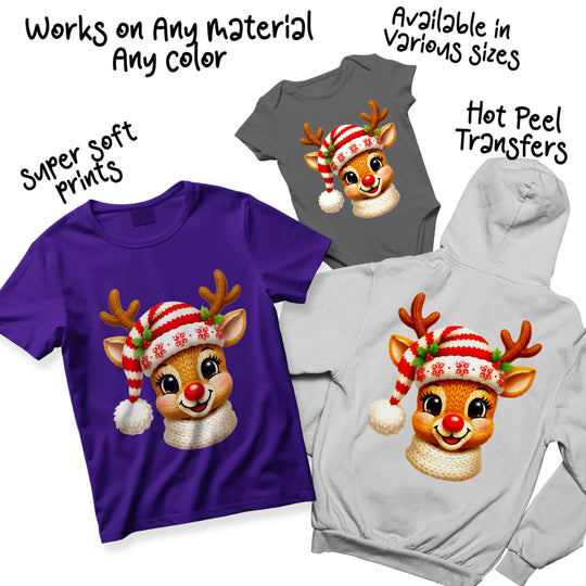 Christmas reindeer DTF transfer displayed on multiple colored shirts showing design versatility and vibrant print quality