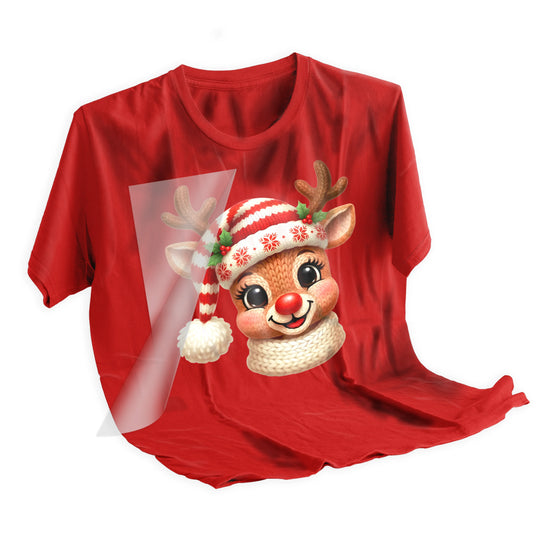 Heat press application demonstration of Christmas cute reindeer DTF transfer showing easy pressing process and results