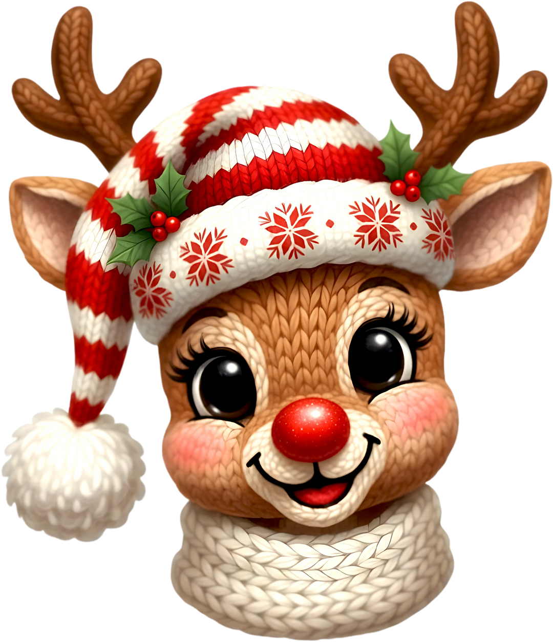 Christmas cute reindeer DTF transfer design with Santa hat, antlers, and festive red white striped knit scarf ready to press