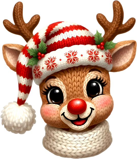 Christmas cute reindeer DTF transfer design with Santa hat, antlers, and festive red white striped knit scarf ready to press