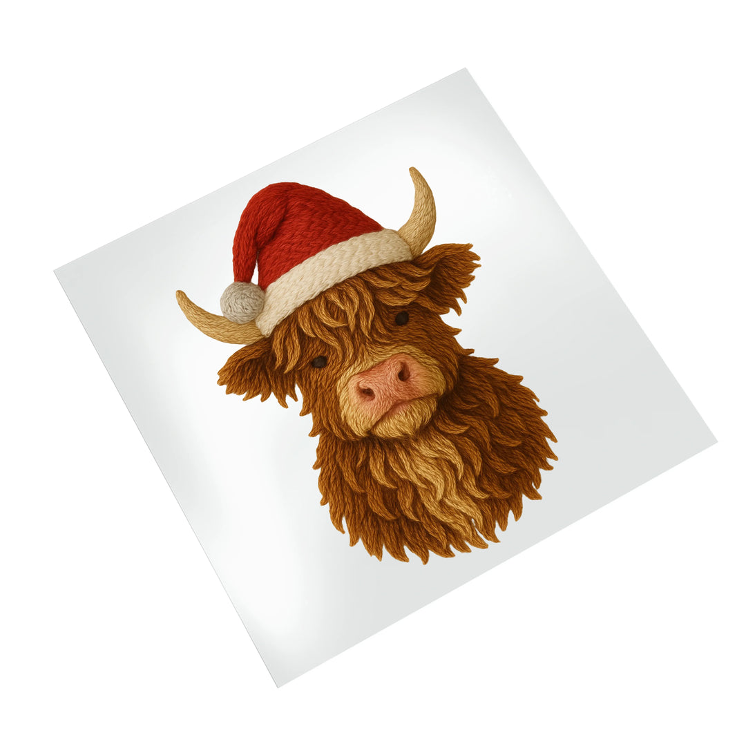 Santa hat Highland cow DTF transfer Christmas design with detailed fur texture perfect for holiday apparel printing