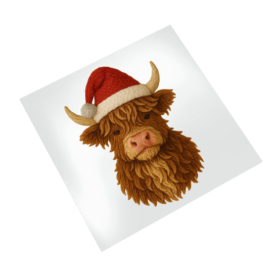 Santa hat Highland cow DTF transfer Christmas design with detailed fur texture perfect for holiday apparel printing