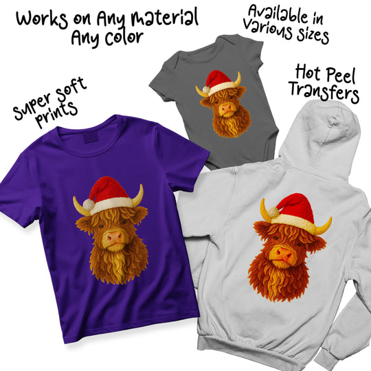 Highland cow Santa hat Christmas DTF transfer shown in multiple colors on various apparel mockups ready to press