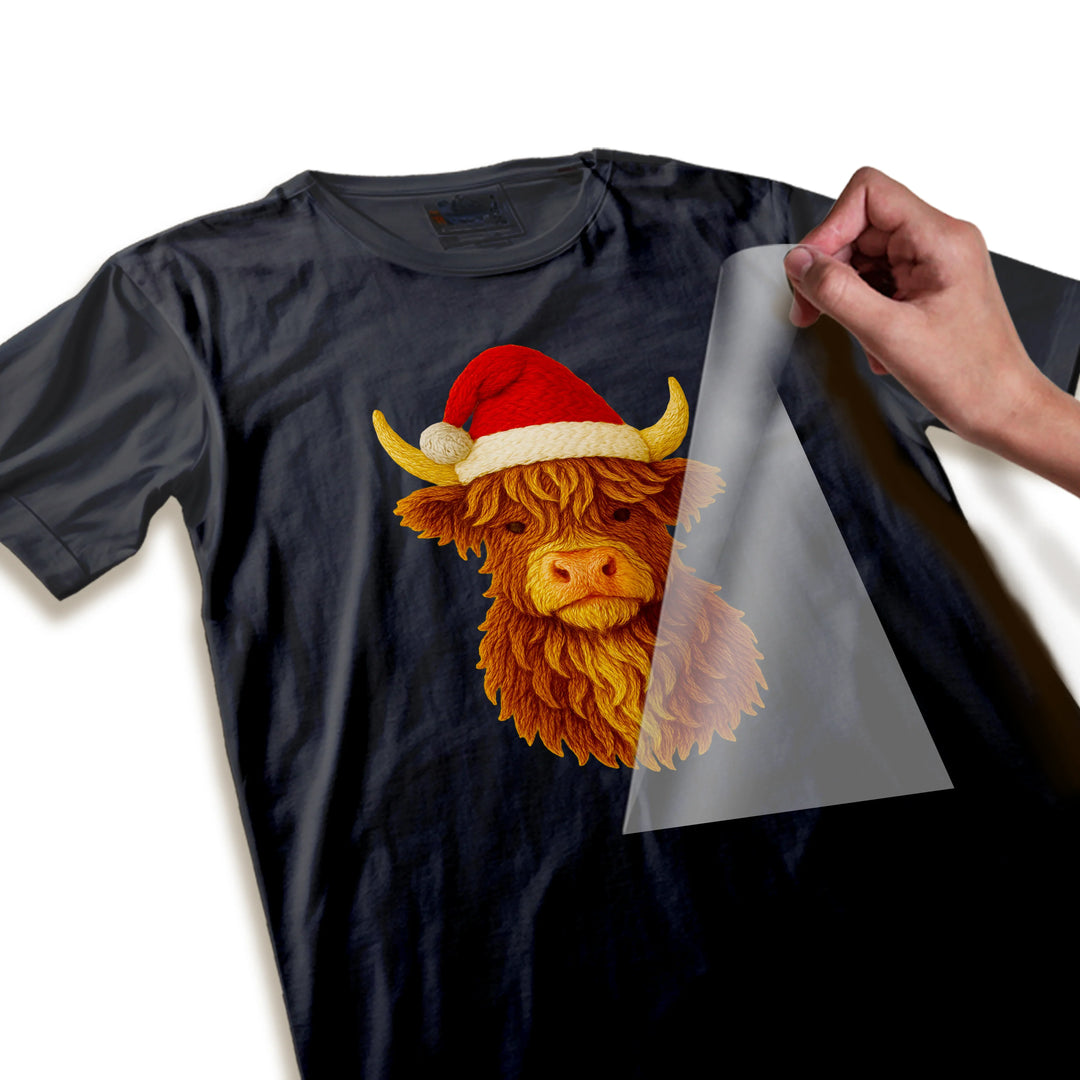 Close-up detail of Highland cow Santa hat Christmas DTF transfer showing premium texture and vibrant color quality