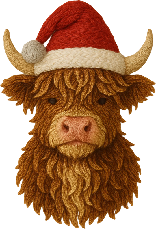 Christmas DTF transfer design featuring adorable Highland cow with red Santa hat on white background ready to press