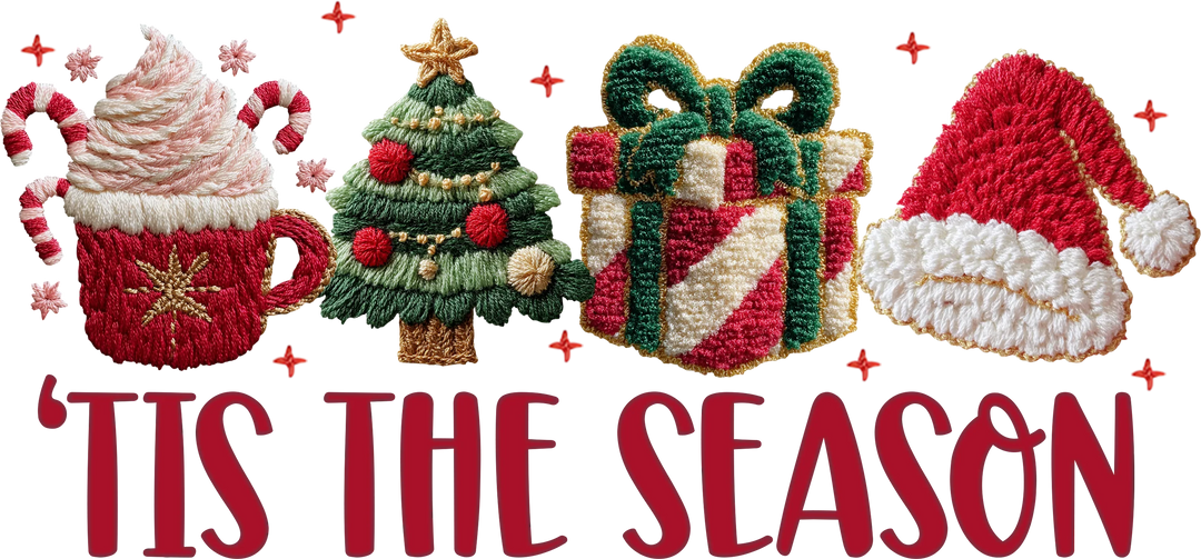 Christmas DTF transfer design featuring Tis The Season text with Santa hat, gifts, tree, and holiday decorations