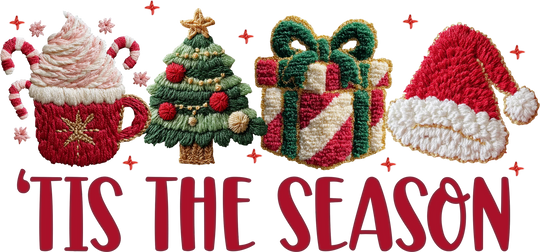 Christmas DTF transfer design featuring Tis The Season text with Santa hat, gifts, tree, and holiday decorations
