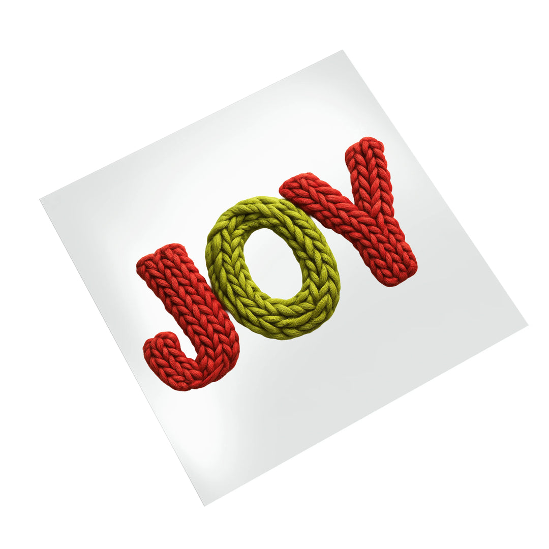 Christmas Joy knitted letters DTF transfer ready to press design displayed on clean white background for holiday crafts