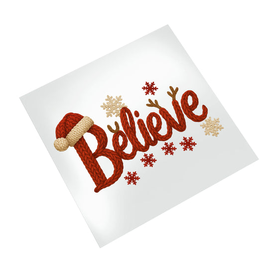 Holiday Believe DTF ready to press transfer featuring rope-style lettering with festive Christmas decorative elements