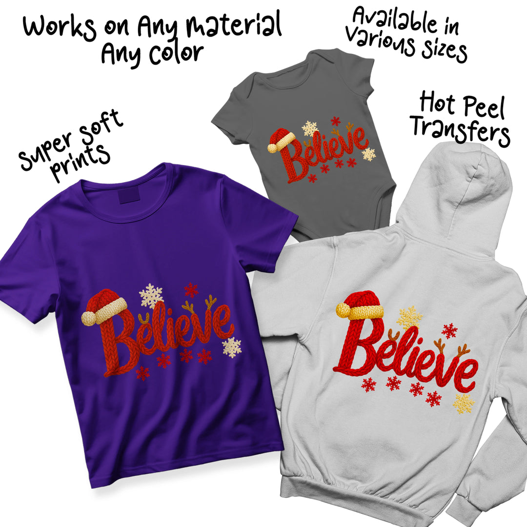 Multi-color mockup showing Christmas Believe DTF transfer on various colored shirts and holiday apparel options