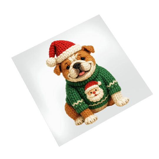Christmas British Bulldog DTF transfer on white background featuring festive Santa hat and holiday sweater ready to press