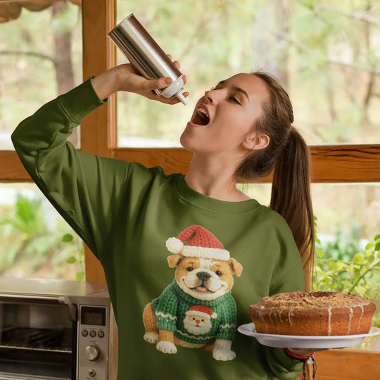 Person wearing Christmas British Bulldog DTF transfer shirt showing holiday pet design on custom apparel for festive wear