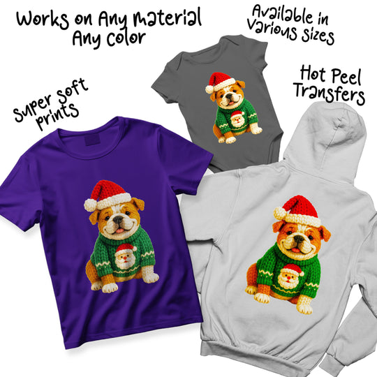 Christmas British Bulldog DTF transfer shown in multiple colors on various shirt options for holiday apparel customization