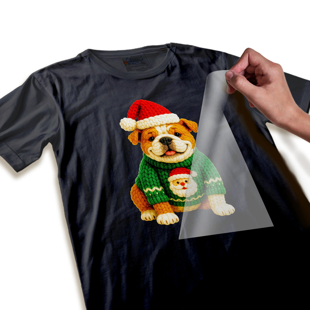 Close-up detail of Christmas British Bulldog DTF transfer showing Santa hat texture and green sweater design quality