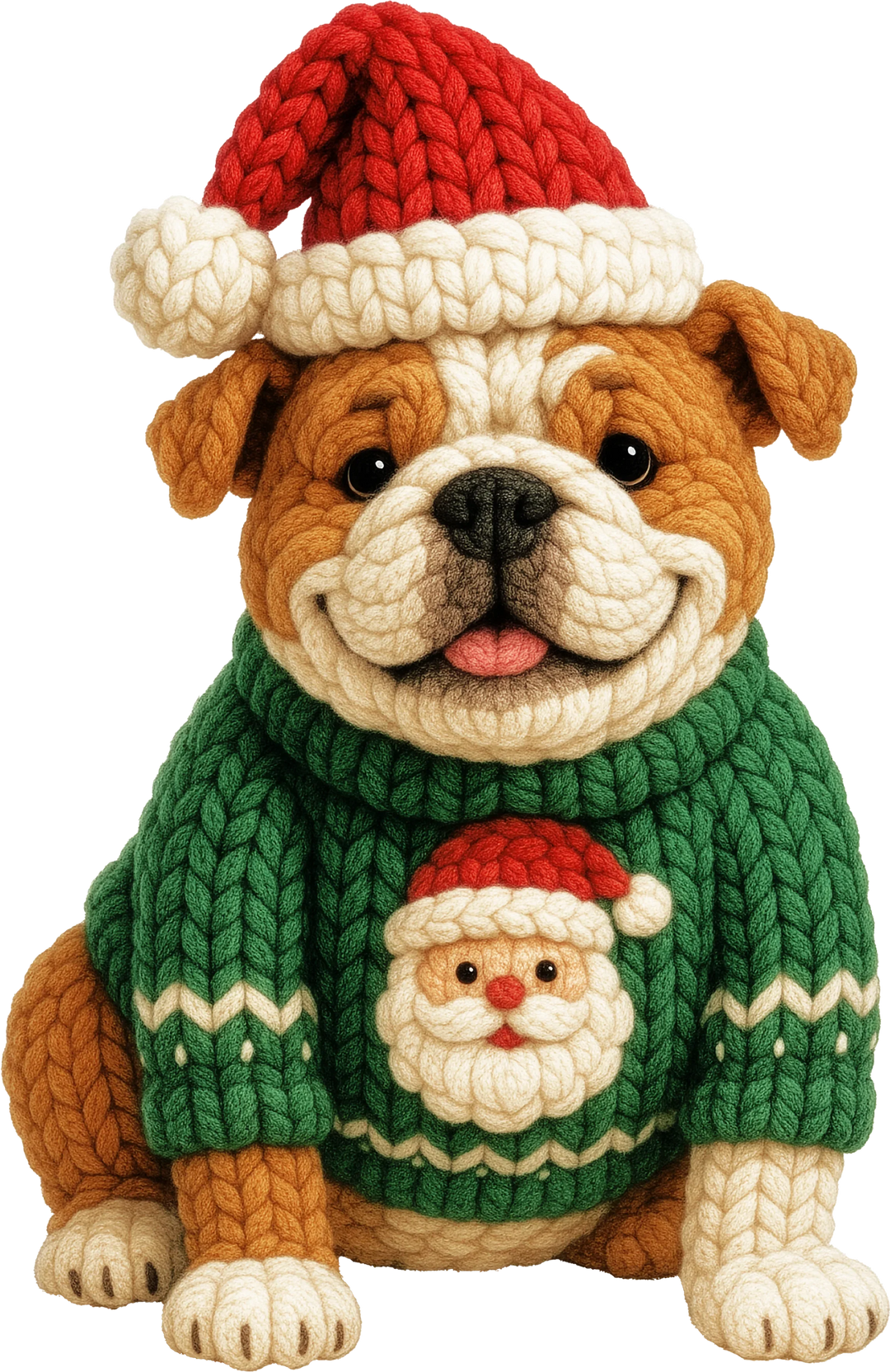 Christmas British Bulldog DTF transfer design showing dog in red Santa hat and green Christmas sweater with Santa face detail
