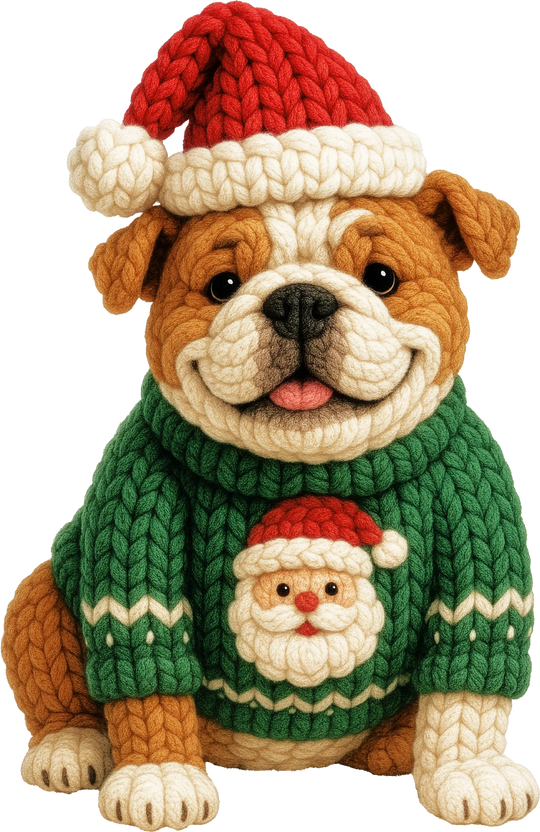 Christmas British Bulldog DTF transfer design showing dog in red Santa hat and green Christmas sweater with Santa face detail