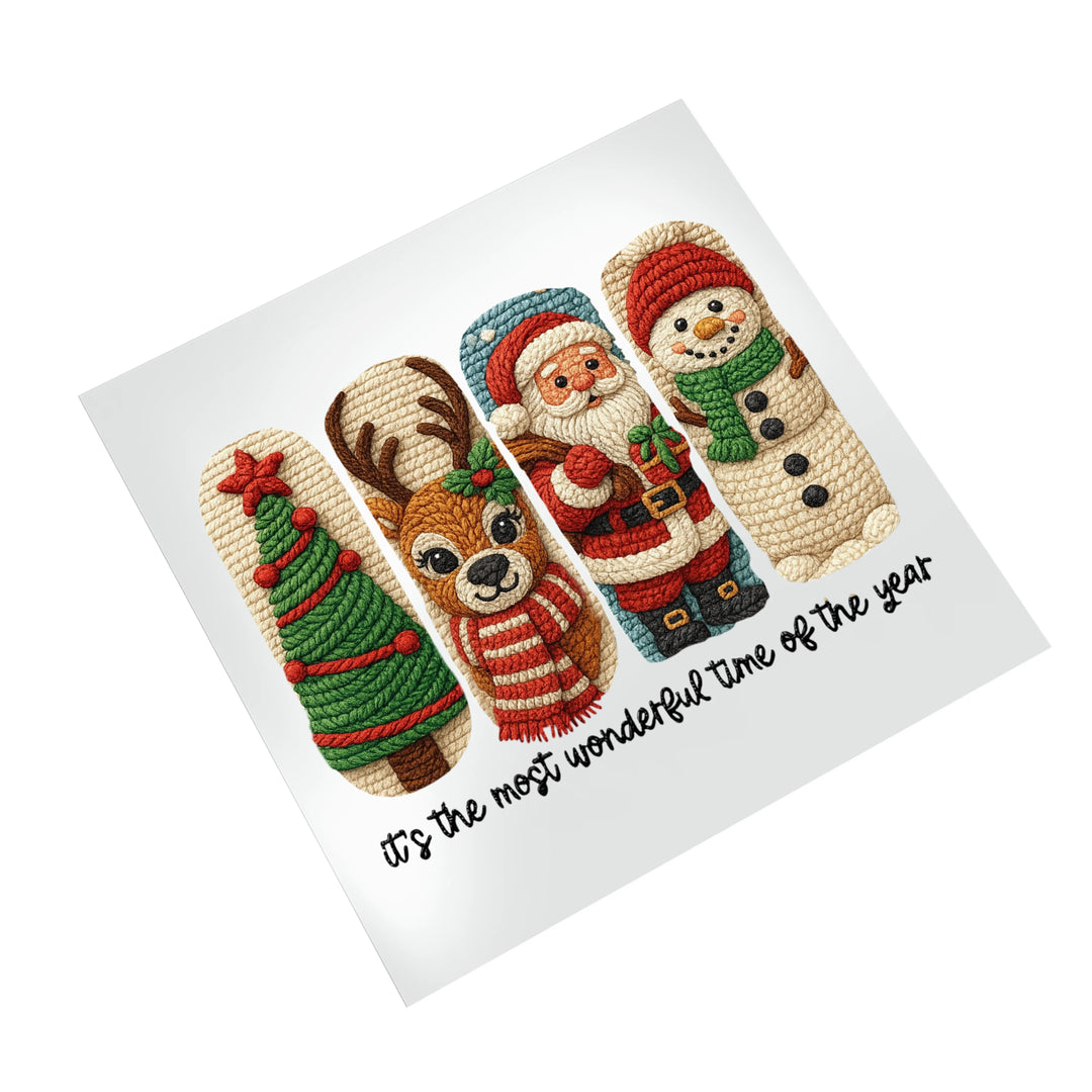 Festive Christmas DTF ready to press transfer with textured knit appearance showing seasonal characters and holiday message