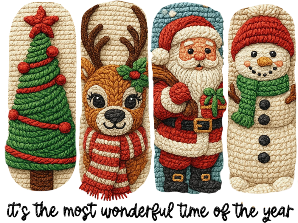 Christmas DTF transfer design featuring knit-style holiday characters including tree, reindeer, Santa and snowman on white background