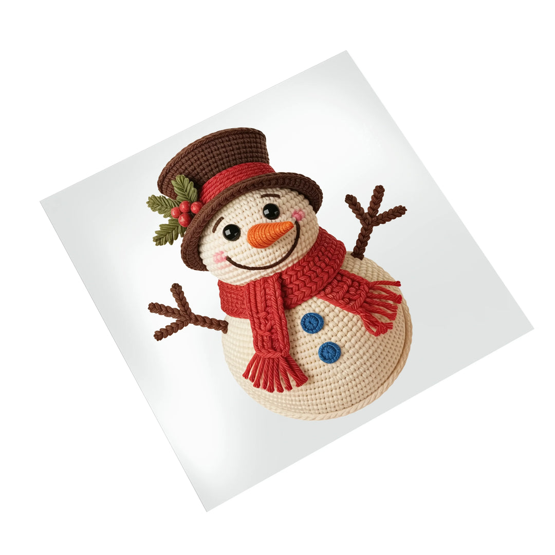 Christmas snowman DTF transfer ready to press featuring detailed crochet texture and festive winter accessories