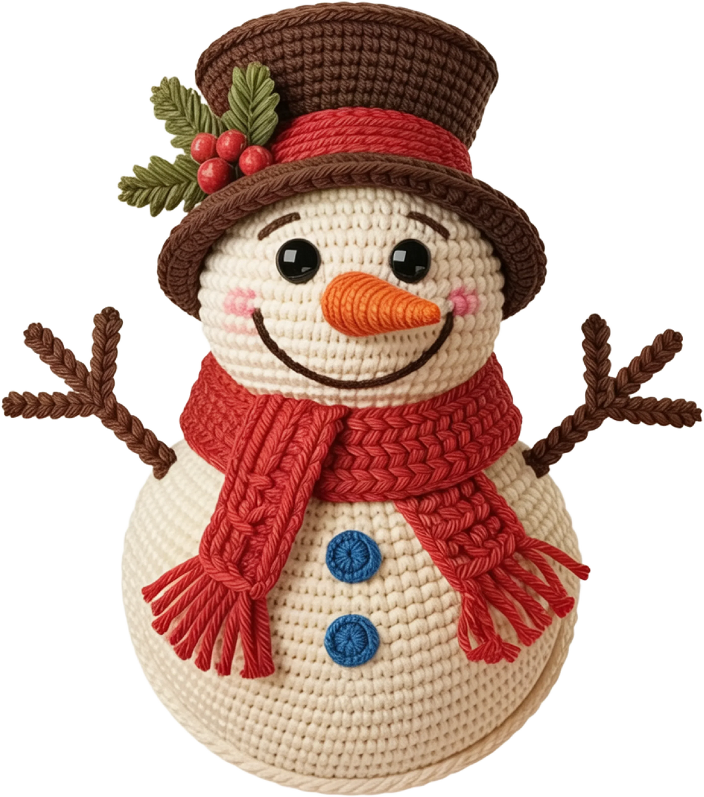 Crochet-style Christmas snowman DTF transfer with brown hat, red scarf, and holly decoration on white background