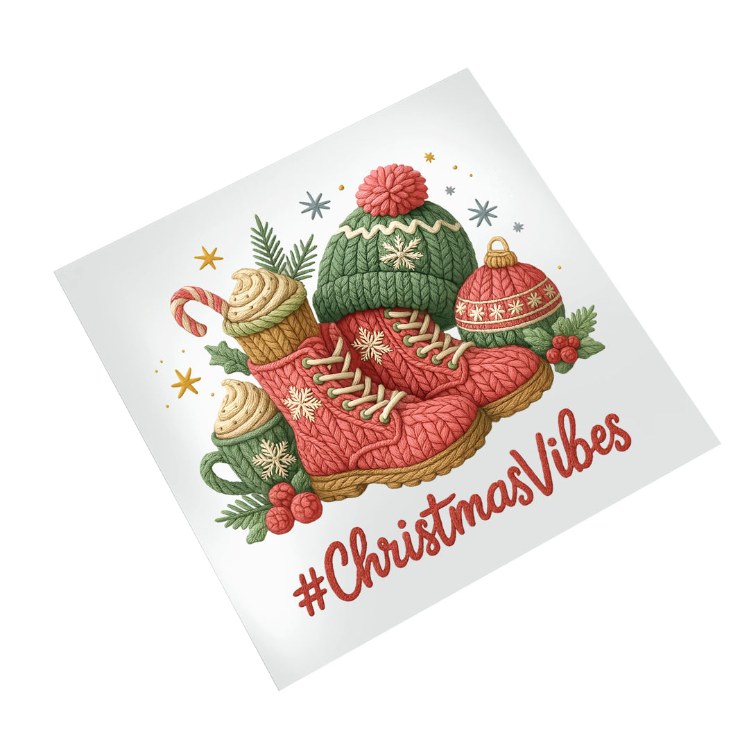 Holiday DTF transfer on white background showing cozy winter accessories basket design ready to press on apparel