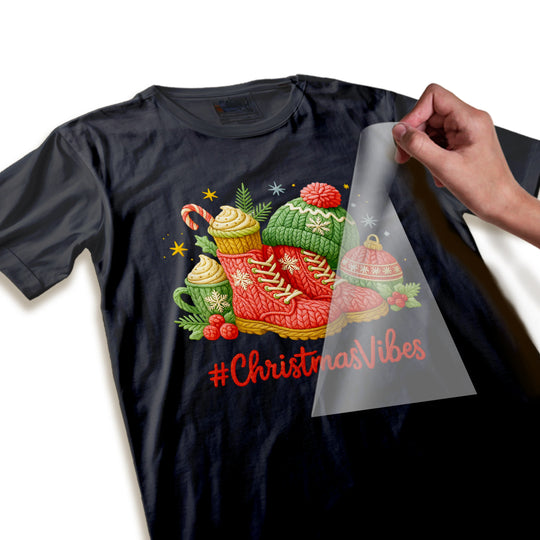 Close-up detail of Christmas DTF transfer showing textured knit pattern, ornament details and premium print quality