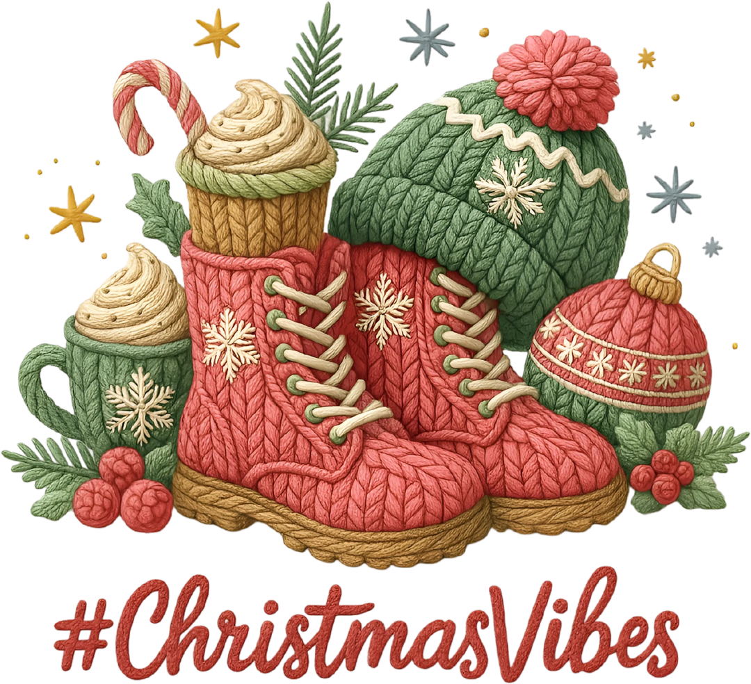 Christmas DTF transfer design featuring wicker basket with knitted winter hat, boots, ornaments and #ChristmasVibes text