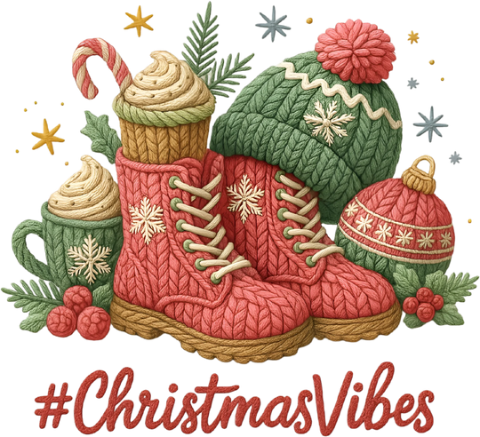 Christmas DTF transfer design featuring wicker basket with knitted winter hat, boots, ornaments and #ChristmasVibes text