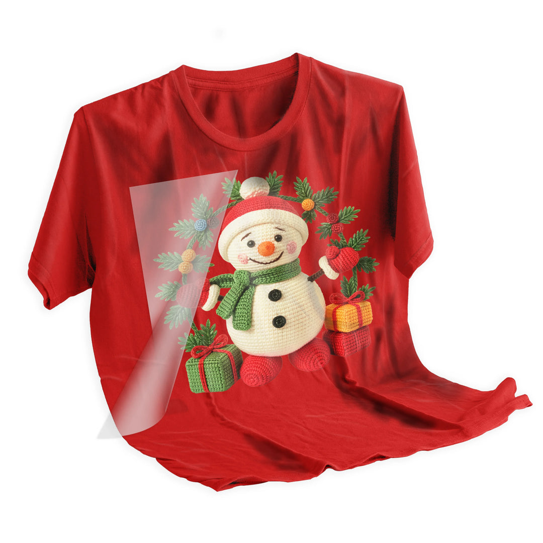 Step-by-step application demo of Christmas snowman DTF transfer being heat pressed onto holiday t-shirt with professional results